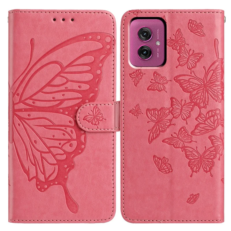 Funda tipo cartera para Motorola Moto G55 5G con diseño de mariposa, soporte, cuero PU con correa - Rosa