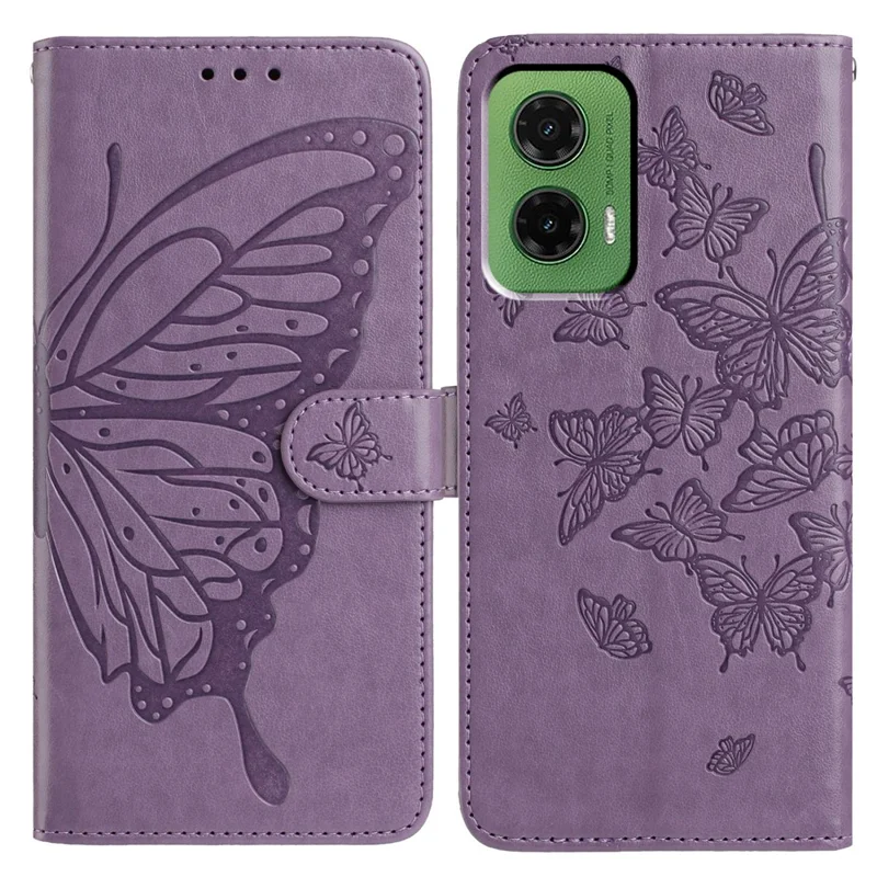 Capa para Motorola Moto G35 5G com Borboleta Impressa, Carteira, Suporte, Couro PU, Capa de Telefone Flip com Alça - Roxa