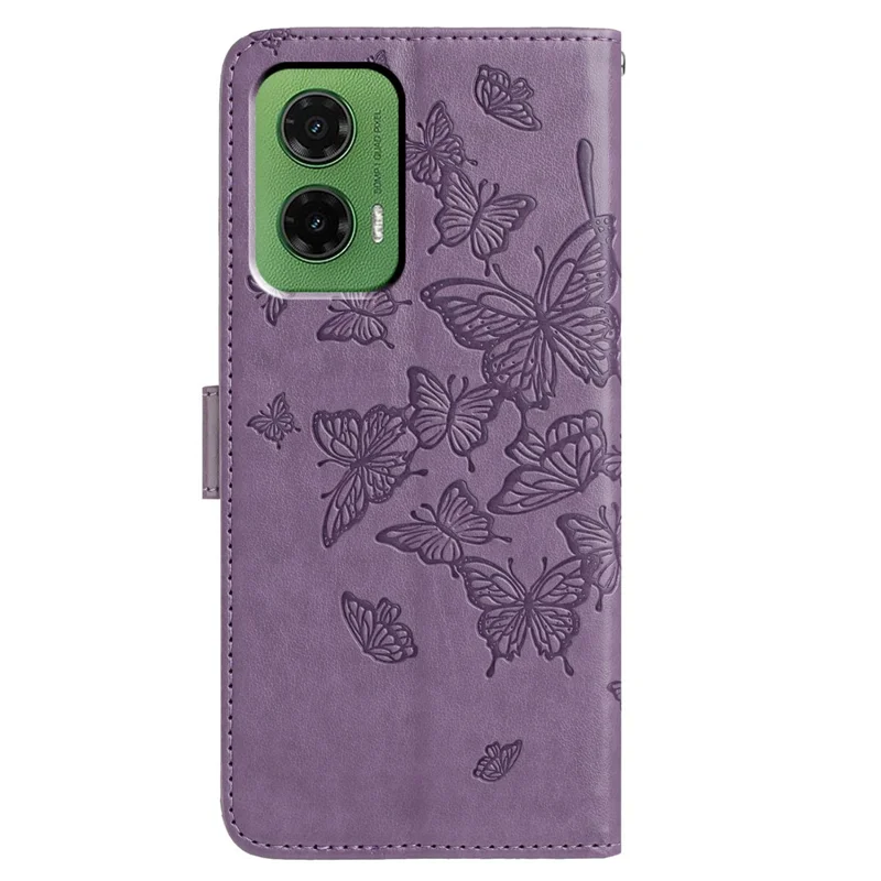 Capa para Motorola Moto G35 5G com Borboleta Impressa, Carteira, Suporte, Couro PU, Capa de Telefone Flip com Alça - Roxa