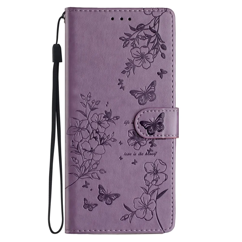 For iPhone 17 Pro Wallet Phone Case Butterfly Floral Imprint Leather Flip Cover with Strap - Purple
