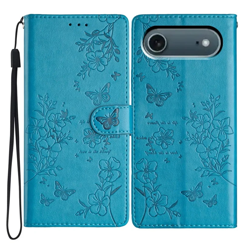 For iPhone 17 Air Wallet Phone Case Butterfly Floral Imprint Leather Flip Cover with Strap - Blue
