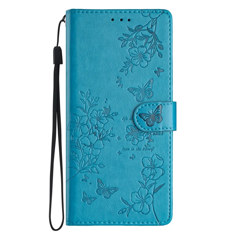 For iPhone 17 Air Wallet Phone Case Butterfly Floral Imprint Leather Flip Cover with Strap - Blue