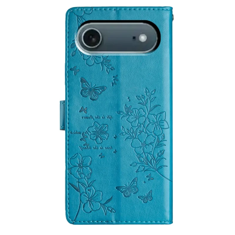 For iPhone 17 Air Wallet Phone Case Butterfly Floral Imprint Leather Flip Cover with Strap - Blue