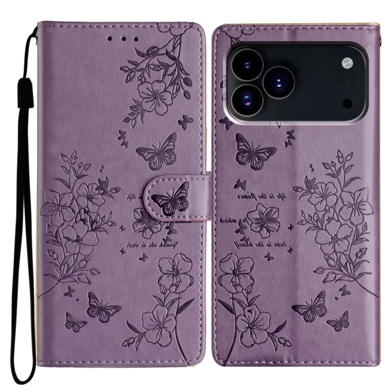 Portemonnee hoesje voor iPhone 17 Pro Max met vlinder- en bloemenprint in lederen vouwdesign met riempje - Paars