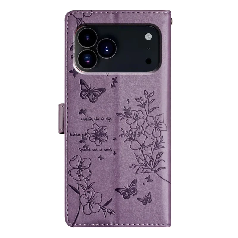 Portemonnee hoesje voor iPhone 17 Pro Max met vlinder- en bloemenprint in lederen vouwdesign met riempje - Paars