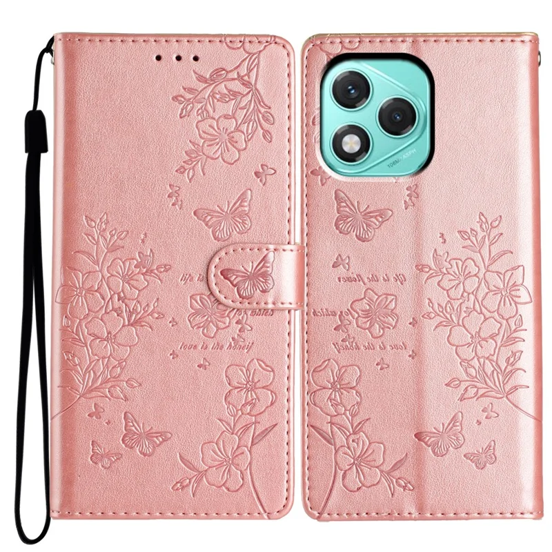 For Honor 400 Lite 5G Wallet Phone Case Butterfly Floral Imprint Leather Flip Cover with Strap - Rose Gold