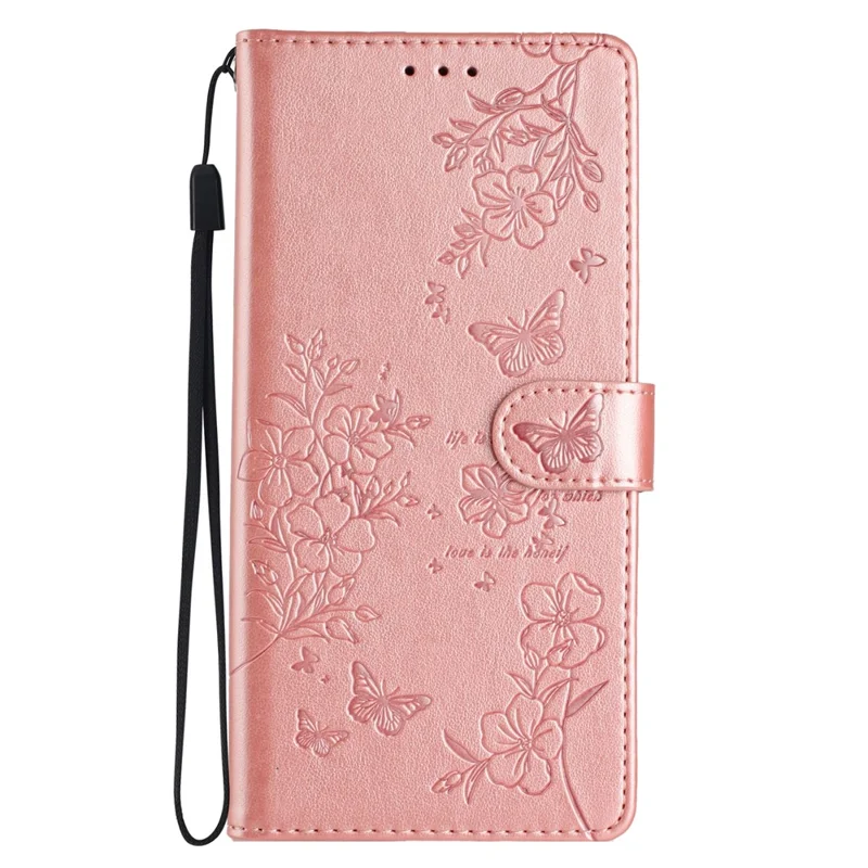 For Honor 400 Lite 5G Wallet Phone Case Butterfly Floral Imprint Leather Flip Cover with Strap - Rose Gold