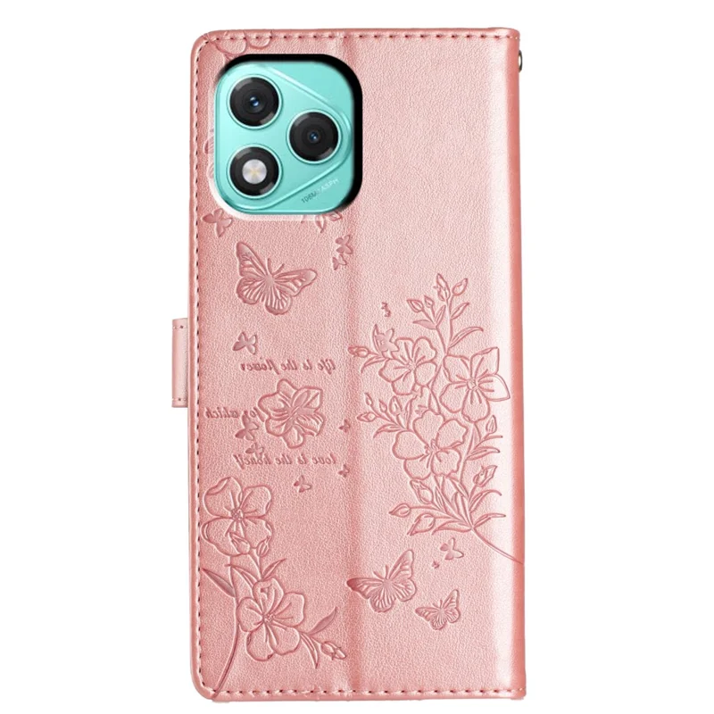 For Honor 400 Lite 5G Wallet Phone Case Butterfly Floral Imprint Leather Flip Cover with Strap - Rose Gold