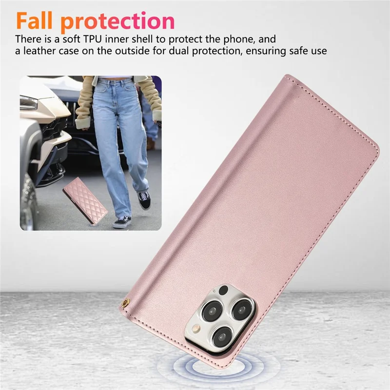 Étui portefeuille à motif losange pour iPhone 16 Pro avec blocage RFID, support et bracelet - Or Rose