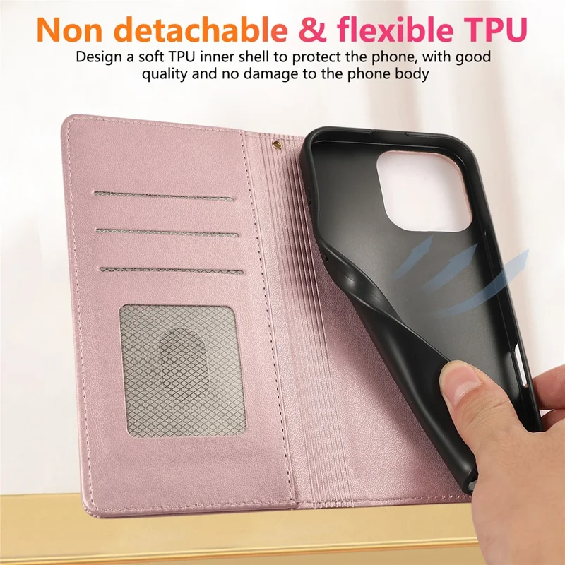 Étui portefeuille à motif losange pour iPhone 16 Pro avec blocage RFID, support et bracelet - Or Rose