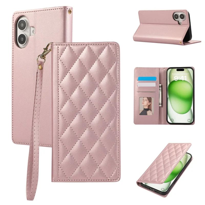 For iPhone 16 Case RFID Blocking Wallet Stand Rhombus Leather Phone Cover with Wrist Strap - Rose Gold