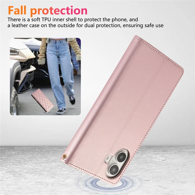 For iPhone 16 Case RFID Blocking Wallet Stand Rhombus Leather Phone Cover with Wrist Strap - Rose Gold