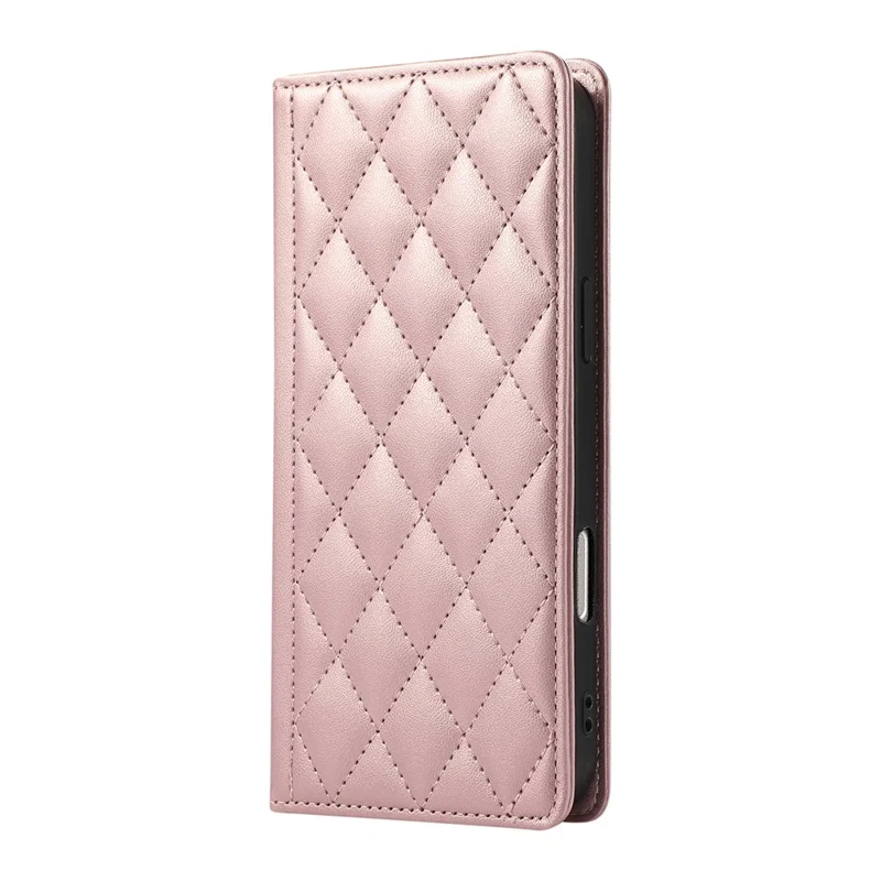 For iPhone 16 Case RFID Blocking Wallet Stand Rhombus Leather Phone Cover with Wrist Strap - Rose Gold