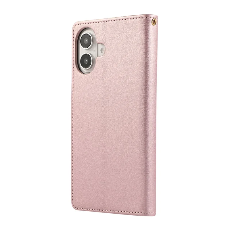 For iPhone 16 Case RFID Blocking Wallet Stand Rhombus Leather Phone Cover with Wrist Strap - Rose Gold