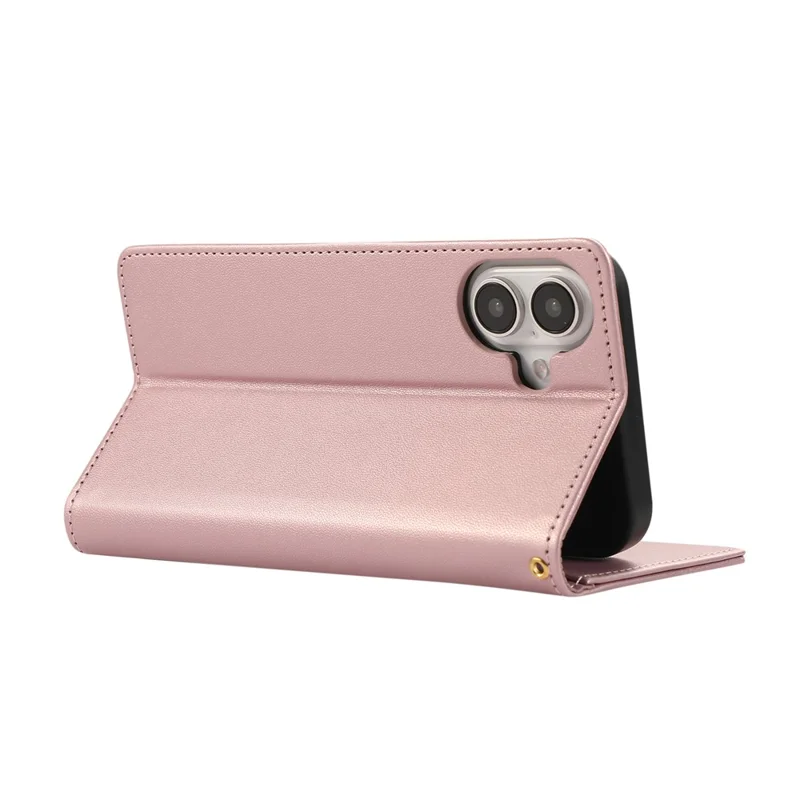 For iPhone 16 Case RFID Blocking Wallet Stand Rhombus Leather Phone Cover with Wrist Strap - Rose Gold