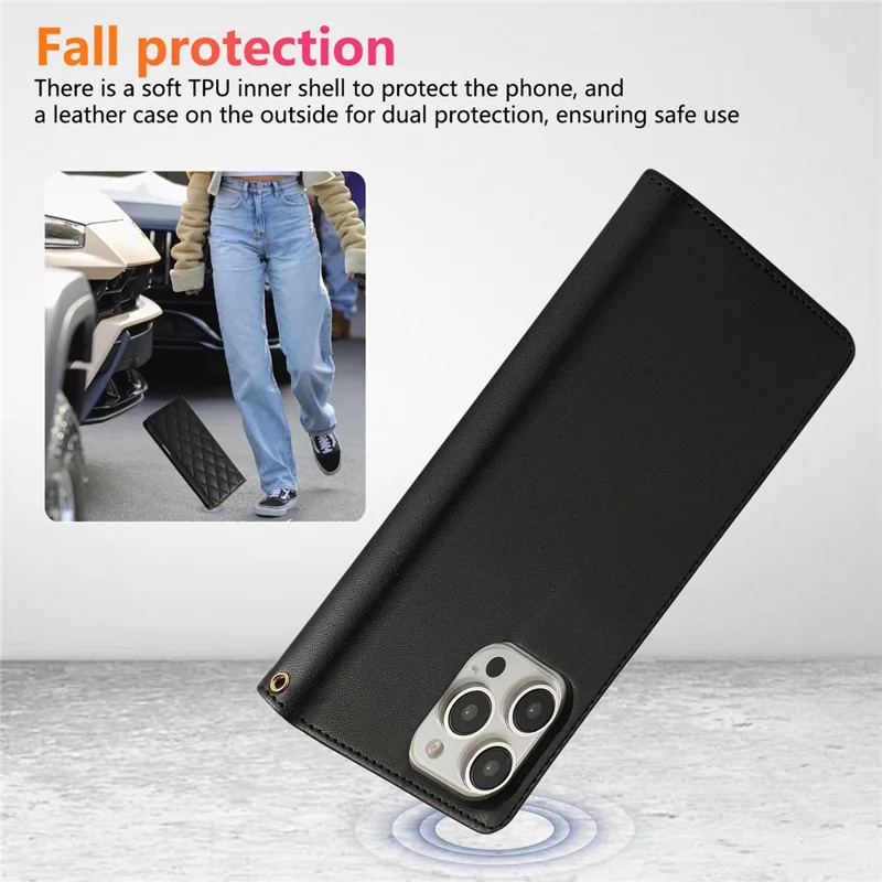 For iPhone 15 Pro Max Case RFID Blocking Wallet Stand Rhombus Leather Phone Cover with Wrist Strap - Black