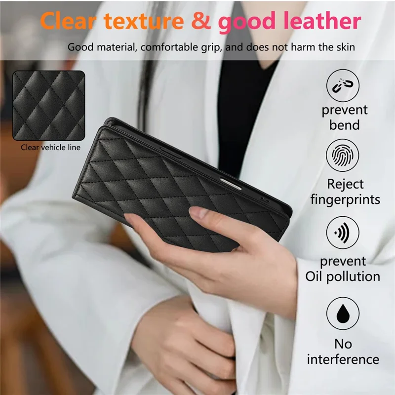 For iPhone 15 Pro Max Case RFID Blocking Wallet Stand Rhombus Leather Phone Cover with Wrist Strap - Black