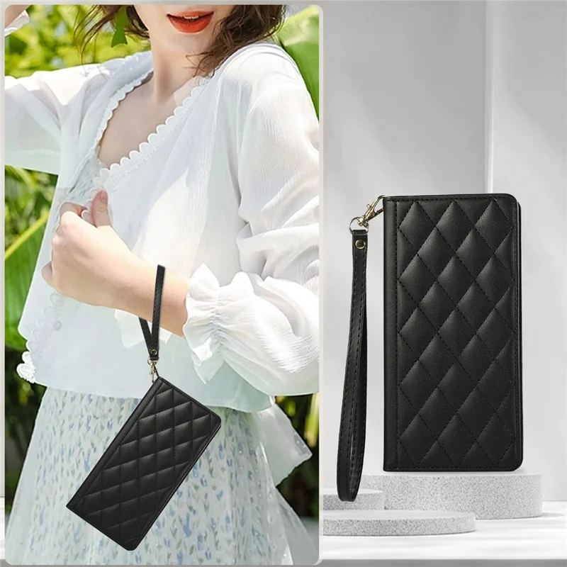 For iPhone 15 Pro Max Case RFID Blocking Wallet Stand Rhombus Leather Phone Cover with Wrist Strap - Black