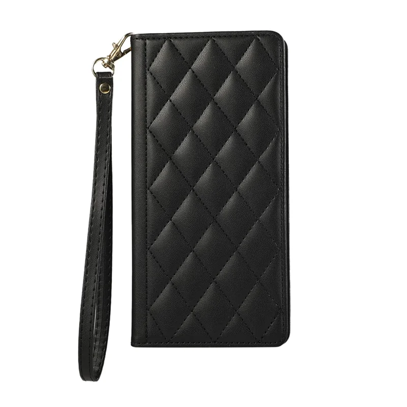 For iPhone 15 Pro Max Case RFID Blocking Wallet Stand Rhombus Leather Phone Cover with Wrist Strap - Black