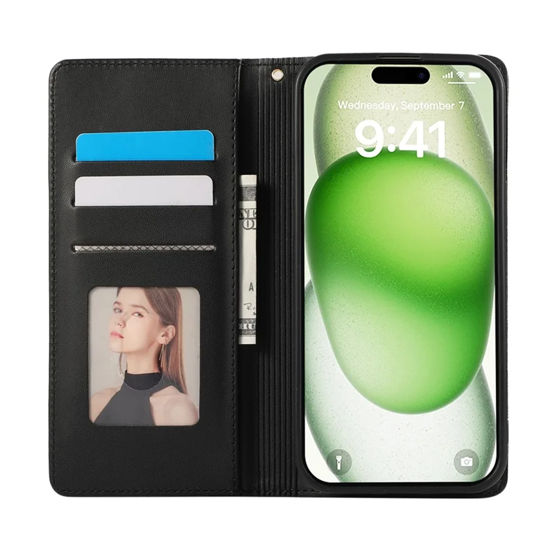 For iPhone 15 Pro Max Case RFID Blocking Wallet Stand Rhombus Leather Phone Cover with Wrist Strap - Black