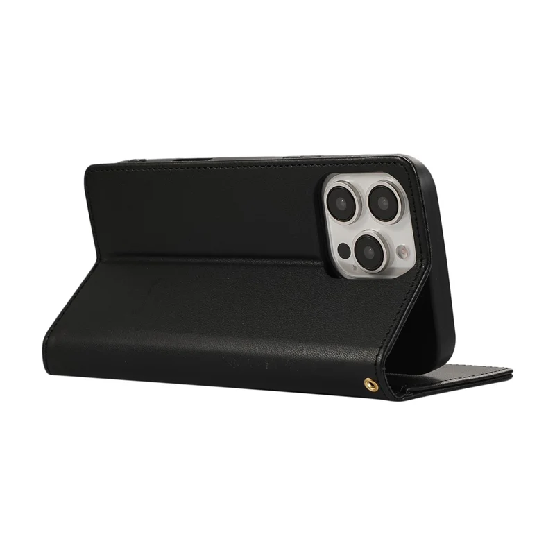 For iPhone 15 Pro Max Case RFID Blocking Wallet Stand Rhombus Leather Phone Cover with Wrist Strap - Black