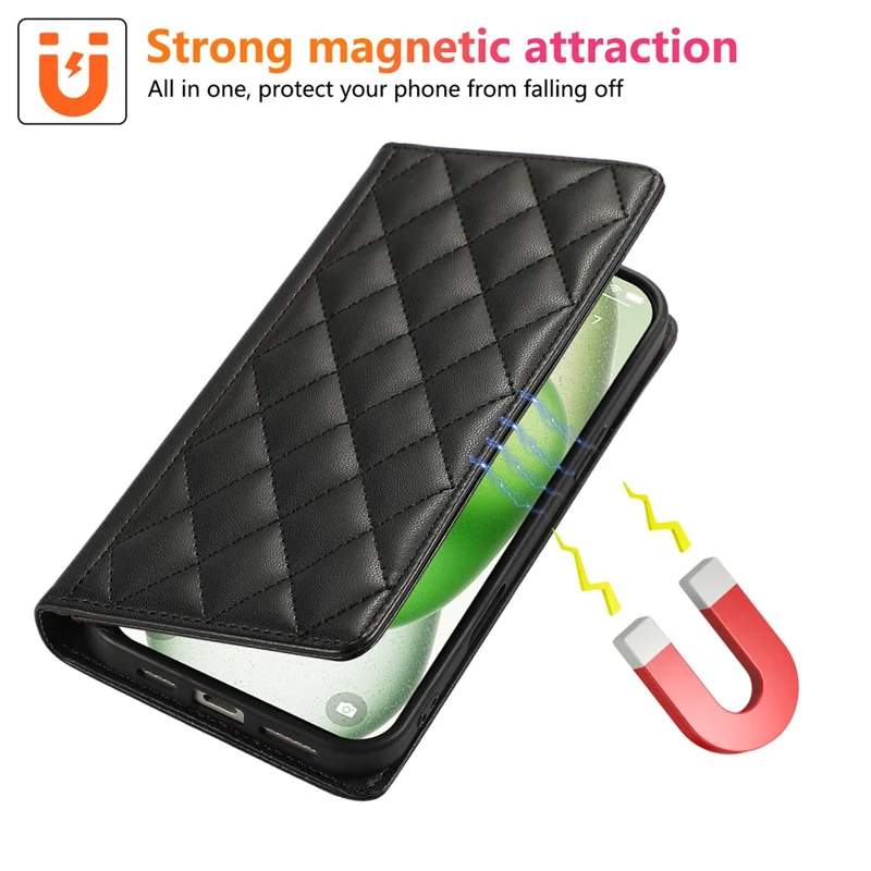 For iPhone 15 Pro Max Case RFID Blocking Wallet Stand Rhombus Leather Phone Cover with Wrist Strap - Black
