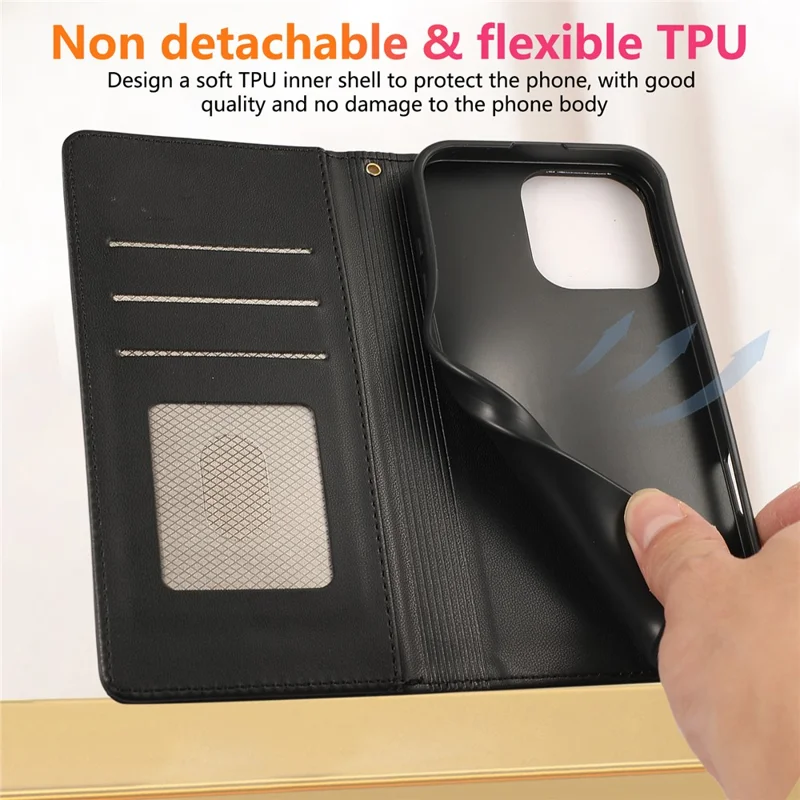 For iPhone 15 Pro Max Case RFID Blocking Wallet Stand Rhombus Leather Phone Cover with Wrist Strap - Black