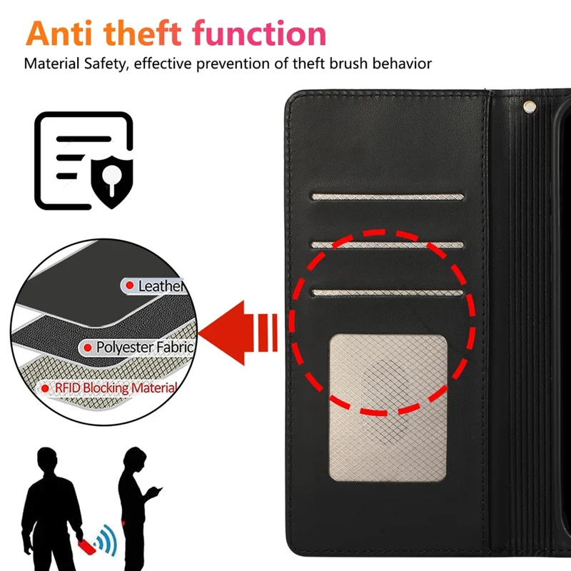 For iPhone 15 Pro Max Case RFID Blocking Wallet Stand Rhombus Leather Phone Cover with Wrist Strap - Black