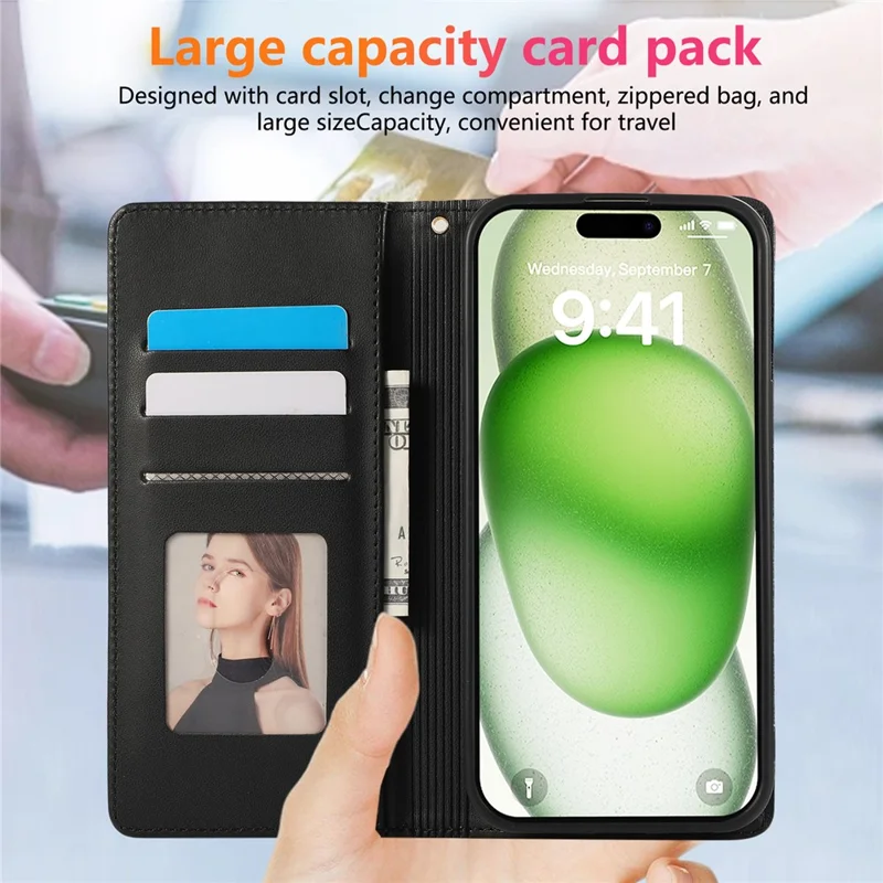 For iPhone 15 Pro Max Case RFID Blocking Wallet Stand Rhombus Leather Phone Cover with Wrist Strap - Black