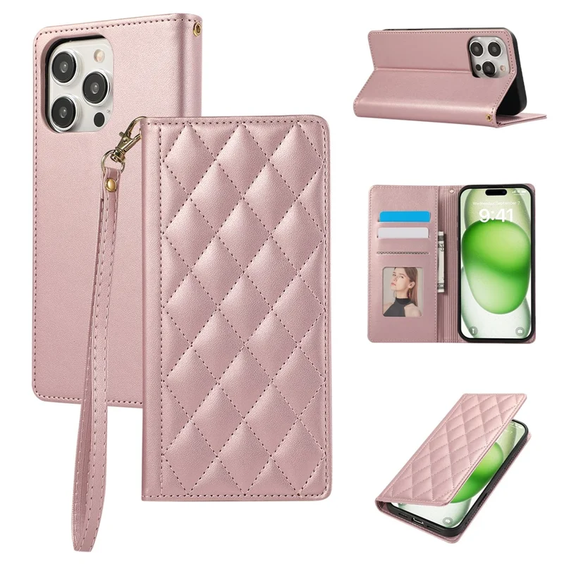 For iPhone 15 Pro Case RFID Blocking Wallet Stand Rhombus Leather Phone Cover with Wrist Strap - Rose Gold