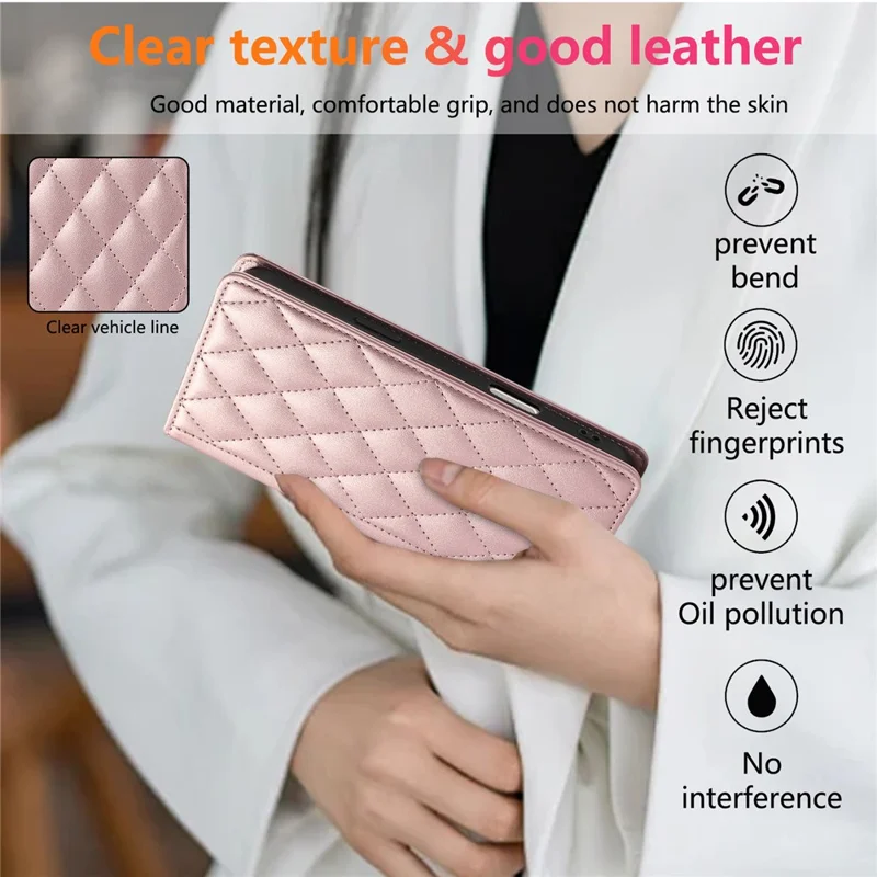 For iPhone 15 Pro Case RFID Blocking Wallet Stand Rhombus Leather Phone Cover with Wrist Strap - Rose Gold