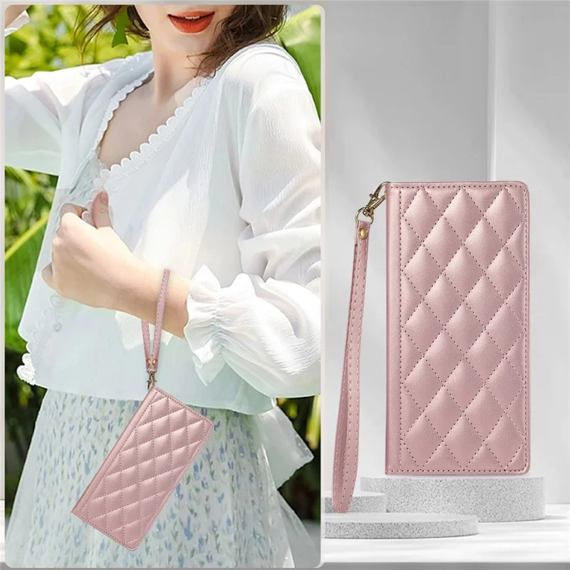 For iPhone 15 Pro Case RFID Blocking Wallet Stand Rhombus Leather Phone Cover with Wrist Strap - Rose Gold