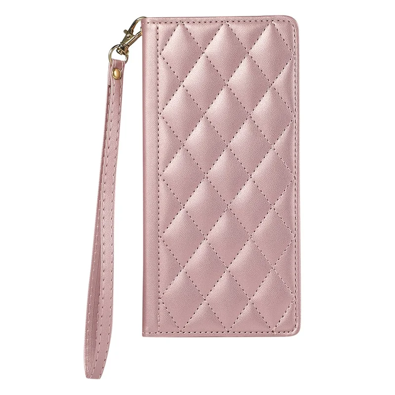 For iPhone 15 Pro Case RFID Blocking Wallet Stand Rhombus Leather Phone Cover with Wrist Strap - Rose Gold