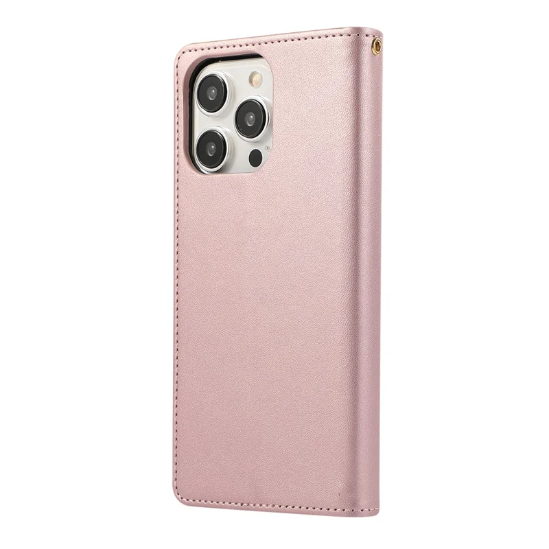 For iPhone 15 Pro Case RFID Blocking Wallet Stand Rhombus Leather Phone Cover with Wrist Strap - Rose Gold