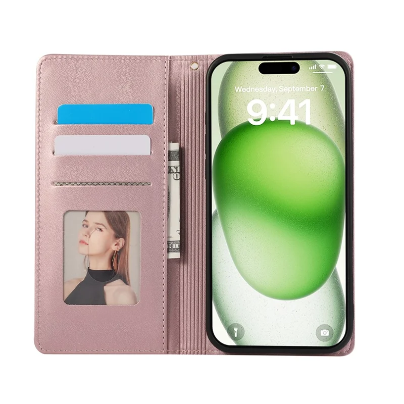 For iPhone 15 Pro Case RFID Blocking Wallet Stand Rhombus Leather Phone Cover with Wrist Strap - Rose Gold
