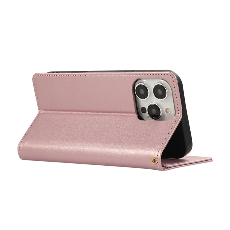 For iPhone 15 Pro Case RFID Blocking Wallet Stand Rhombus Leather Phone Cover with Wrist Strap - Rose Gold