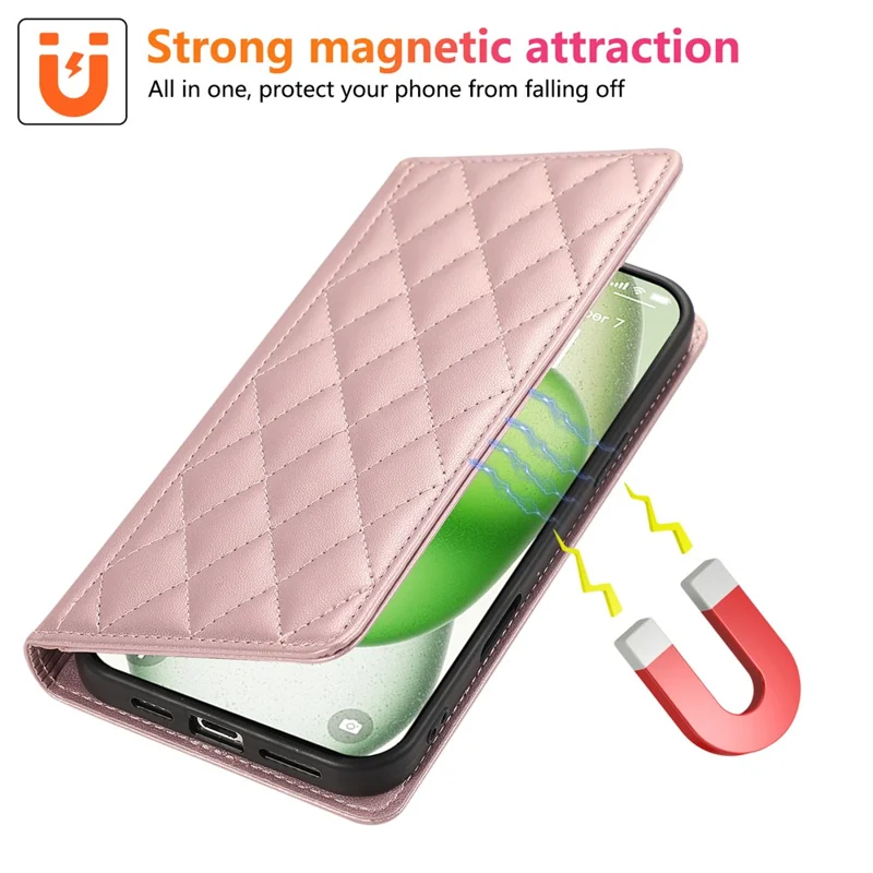 For iPhone 15 Pro Case RFID Blocking Wallet Stand Rhombus Leather Phone Cover with Wrist Strap - Rose Gold