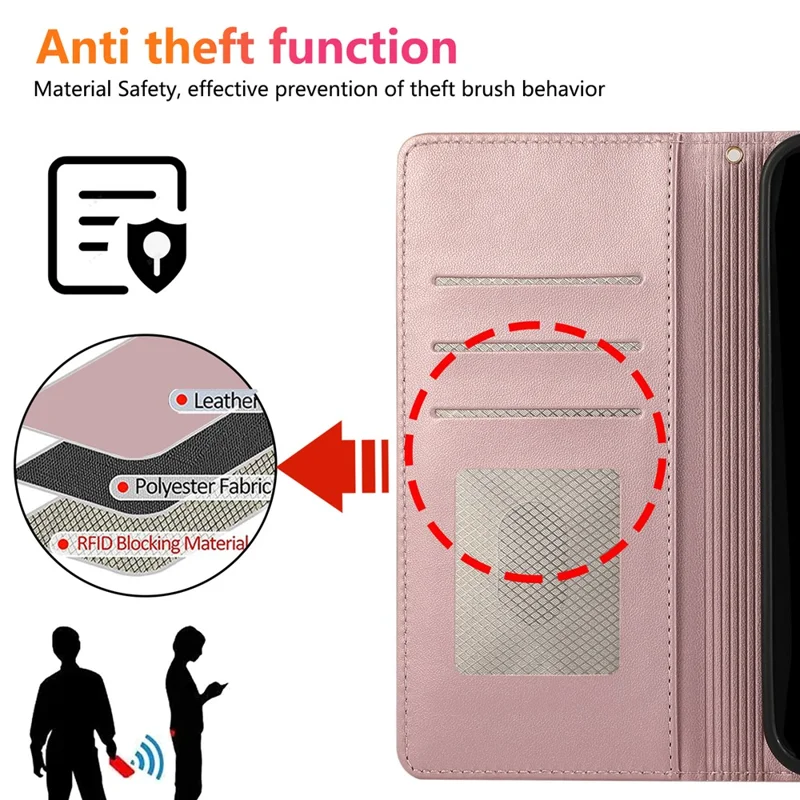 For iPhone 15 Pro Case RFID Blocking Wallet Stand Rhombus Leather Phone Cover with Wrist Strap - Rose Gold