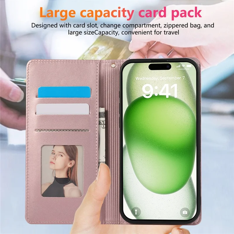 For iPhone 15 Pro Case RFID Blocking Wallet Stand Rhombus Leather Phone Cover with Wrist Strap - Rose Gold