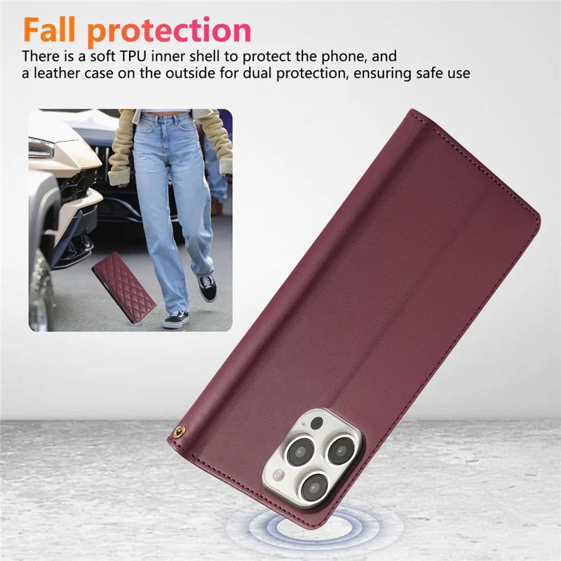 For iPhone 15 Pro Case RFID Blocking Wallet Stand Rhombus Leather Phone Cover with Wrist Strap - Red