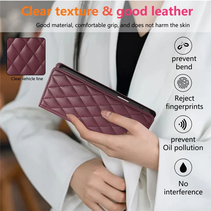 For iPhone 15 Pro Case RFID Blocking Wallet Stand Rhombus Leather Phone Cover with Wrist Strap - Red