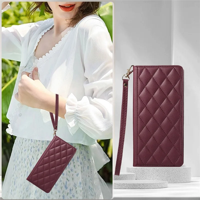 For iPhone 15 Pro Case RFID Blocking Wallet Stand Rhombus Leather Phone Cover with Wrist Strap - Red