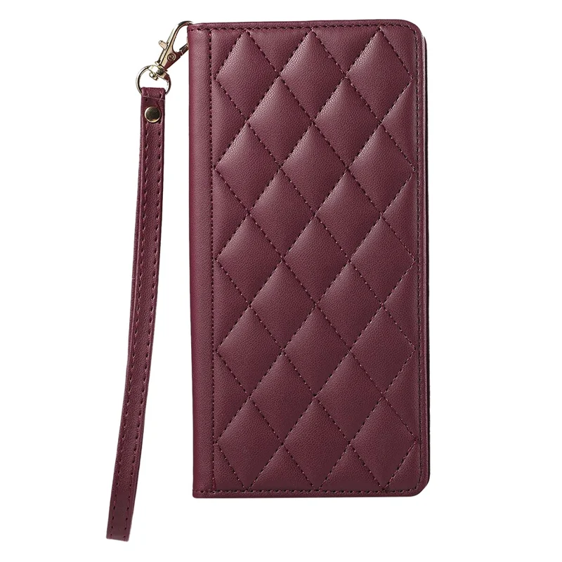 For iPhone 15 Pro Case RFID Blocking Wallet Stand Rhombus Leather Phone Cover with Wrist Strap - Red