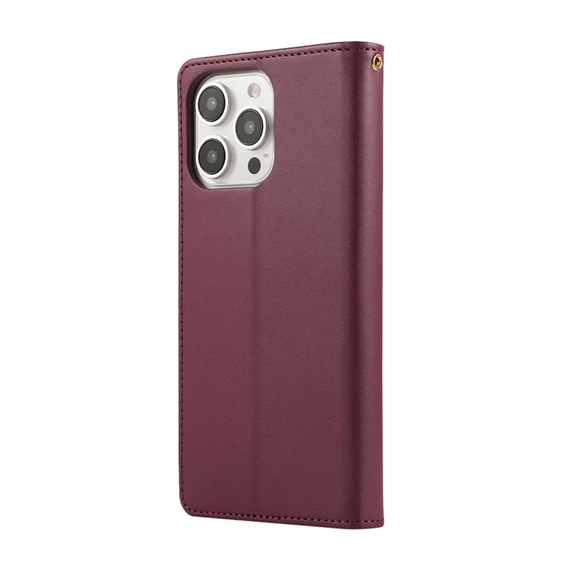 For iPhone 15 Pro Case RFID Blocking Wallet Stand Rhombus Leather Phone Cover with Wrist Strap - Red
