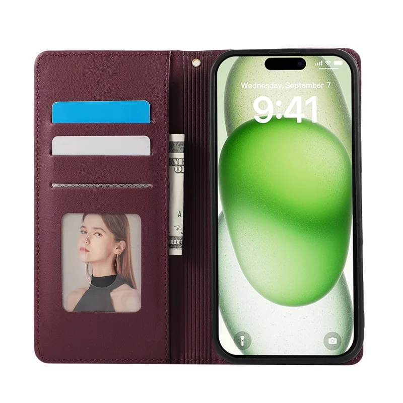For iPhone 15 Pro Case RFID Blocking Wallet Stand Rhombus Leather Phone Cover with Wrist Strap - Red