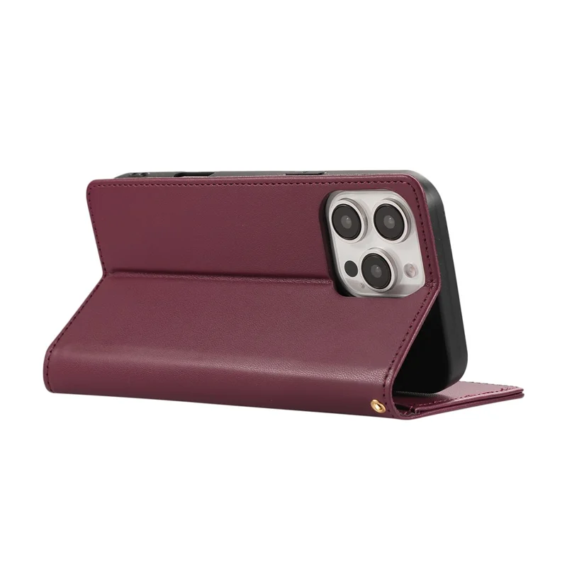 For iPhone 15 Pro Case RFID Blocking Wallet Stand Rhombus Leather Phone Cover with Wrist Strap - Red