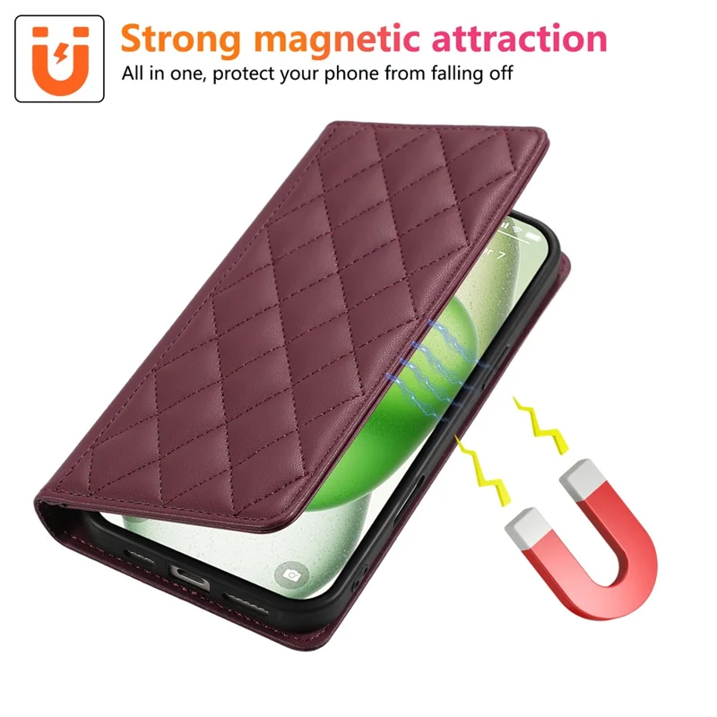 For iPhone 15 Pro Case RFID Blocking Wallet Stand Rhombus Leather Phone Cover with Wrist Strap - Red