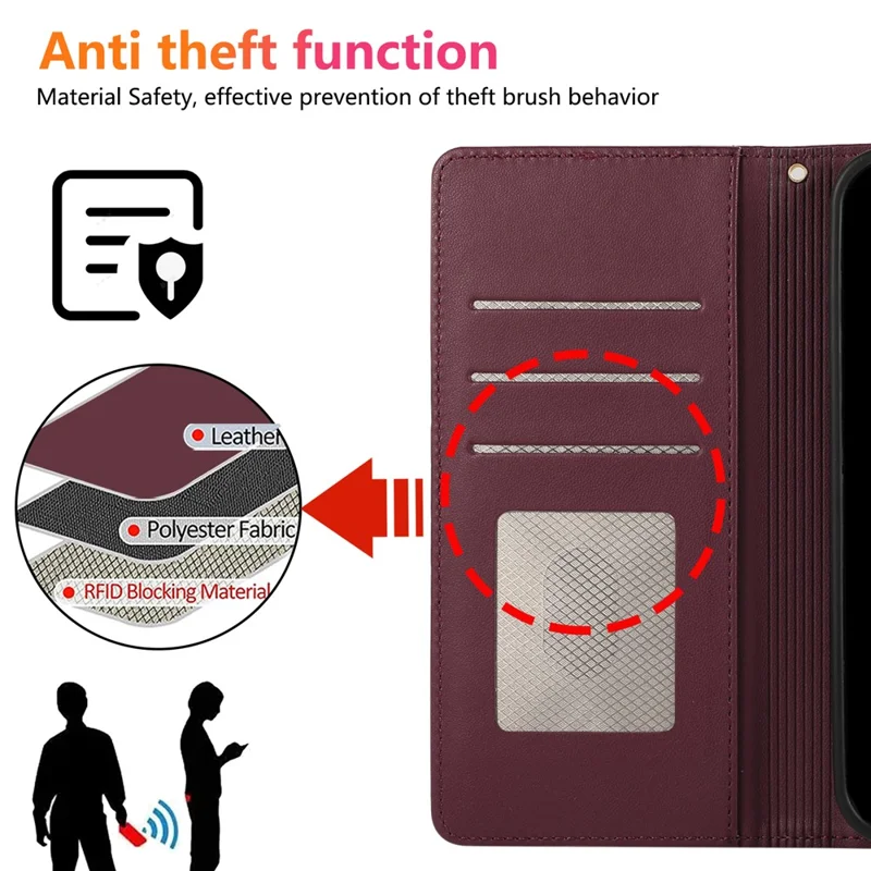 For iPhone 15 Pro Case RFID Blocking Wallet Stand Rhombus Leather Phone Cover with Wrist Strap - Red