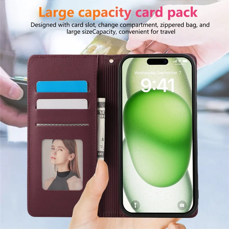 For iPhone 15 Pro Case RFID Blocking Wallet Stand Rhombus Leather Phone Cover with Wrist Strap - Red