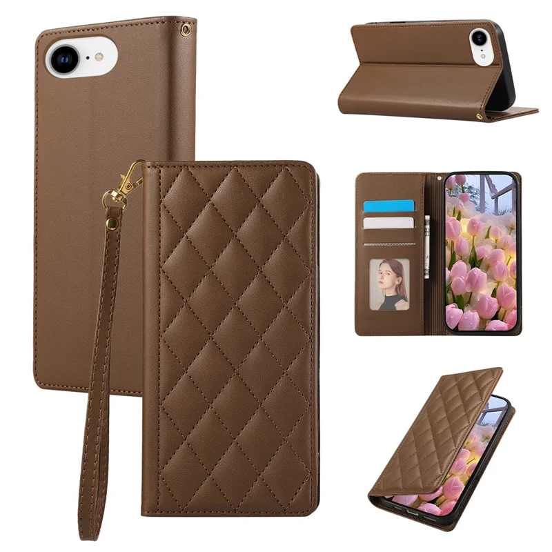 For iPhone 16e Case RFID Blocking Wallet Stand Rhombus Leather Phone Cover with Wrist Strap - Brown
